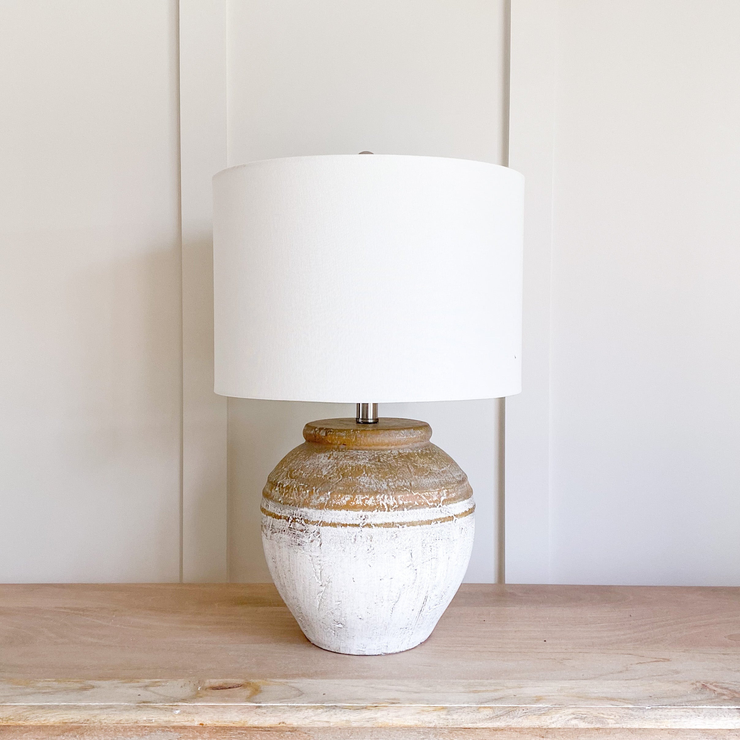 Noah Two Toned Ceramic Urn Lamp White Linen Shade