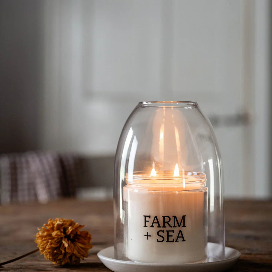 Glass candle from Farm and Sea in the fir tree scent.