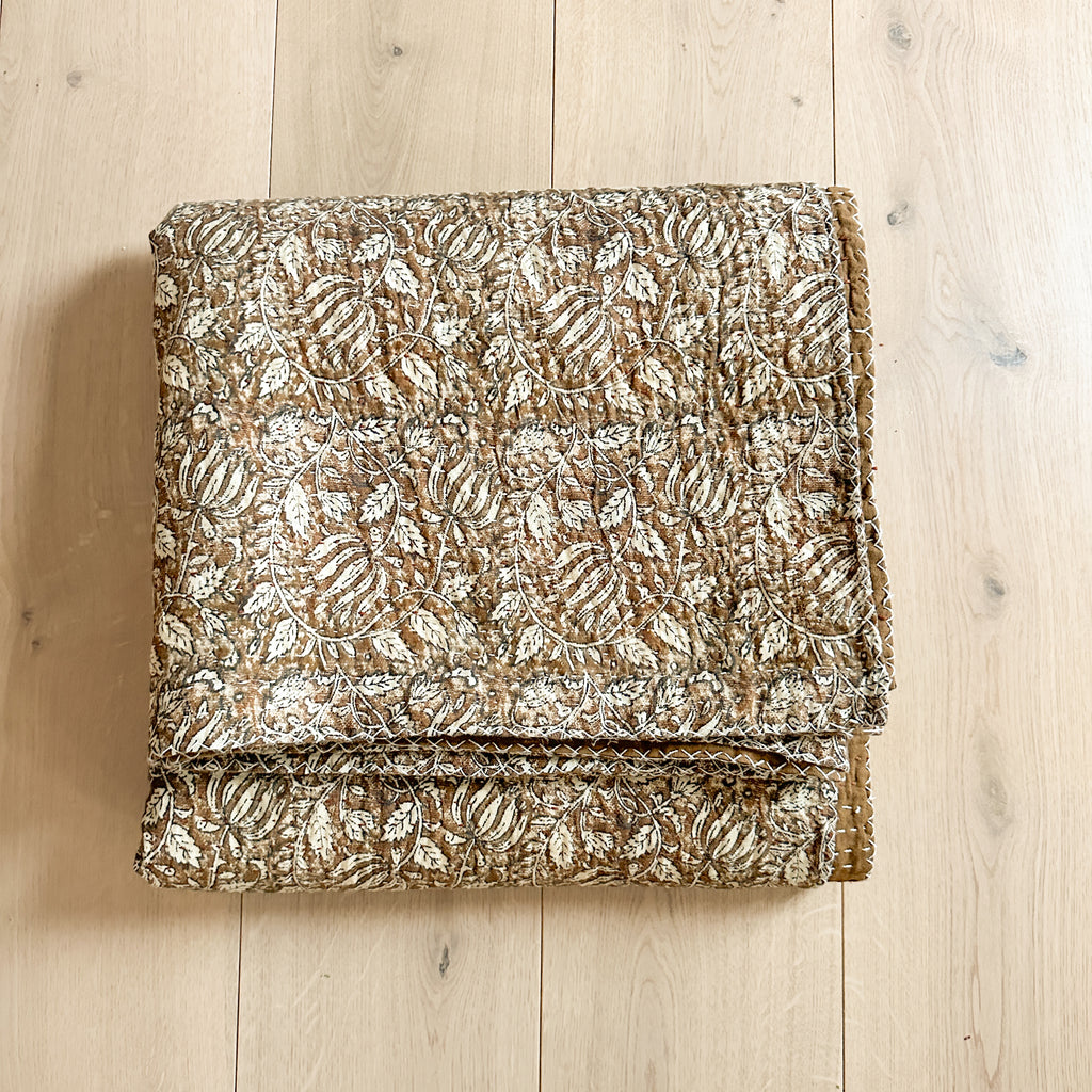 Ochre Floral Kantha Quilt Bed Blanket Vintage Inspired Home Purple Rose Home