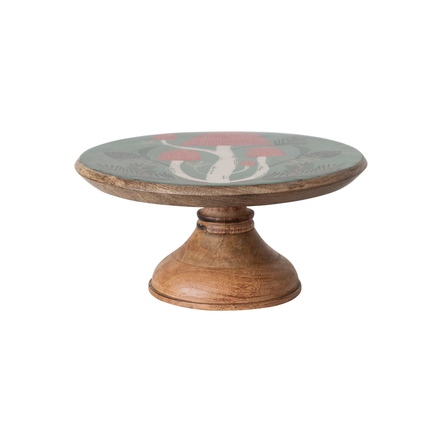 Enameled Mango Wood Pedestal w/ Mushrooms, Natural, Green & Red ©