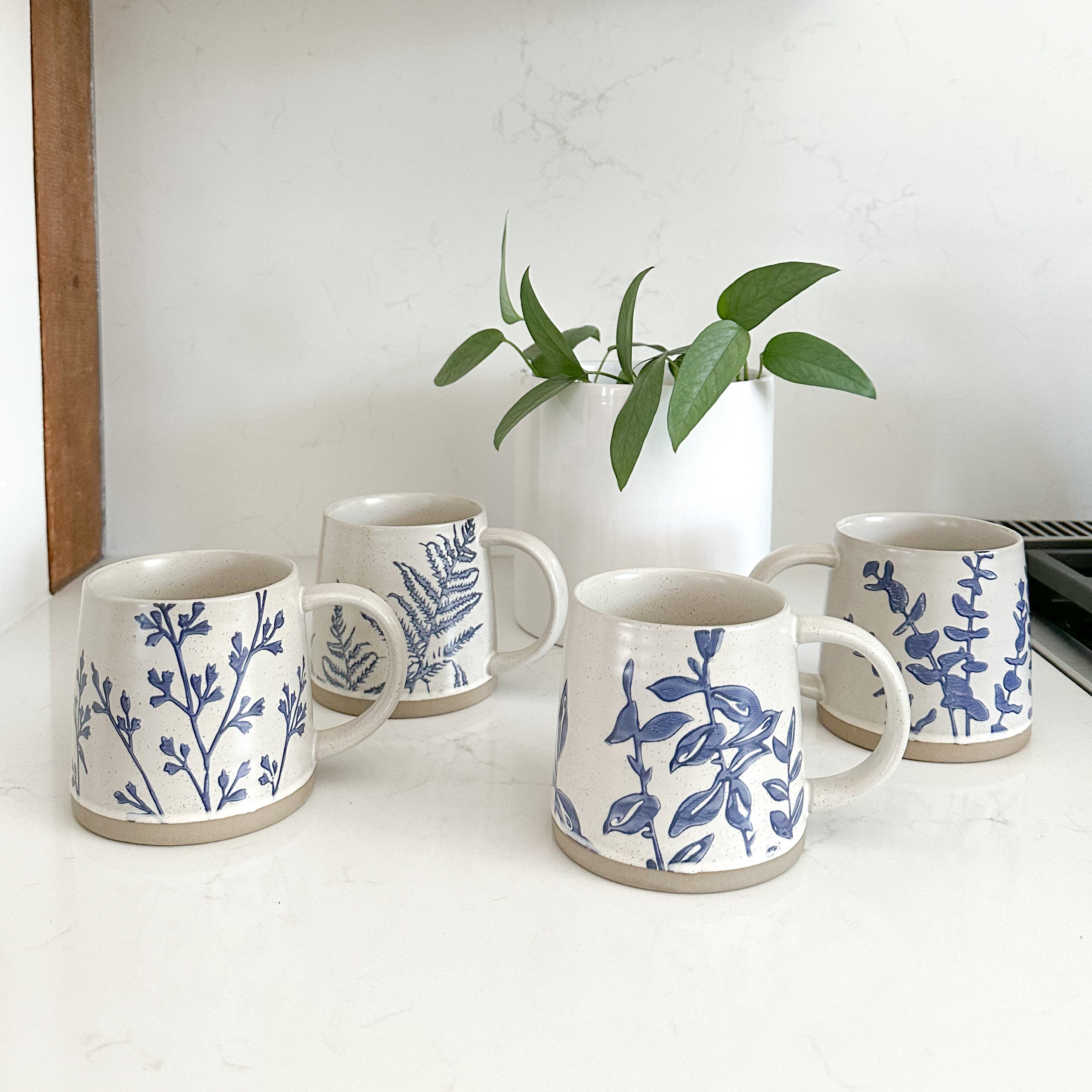 Eucalyptus Fern Pothos Asparagus Blue Silhouette Botanical Mugs