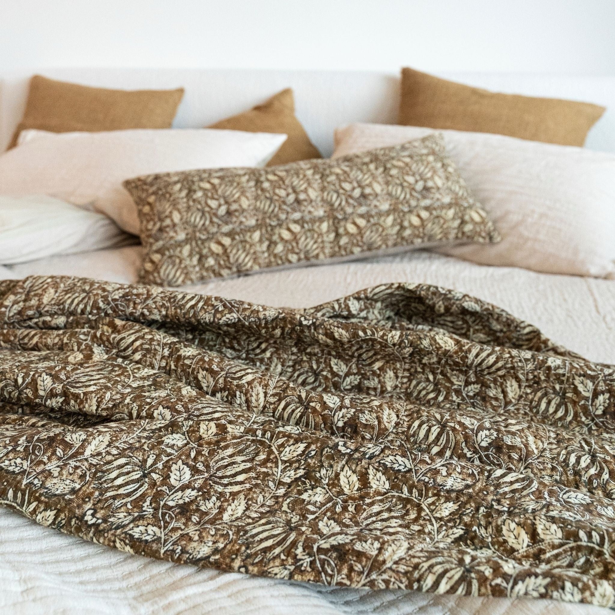 Ochre Floral Kantha Throw Blanket