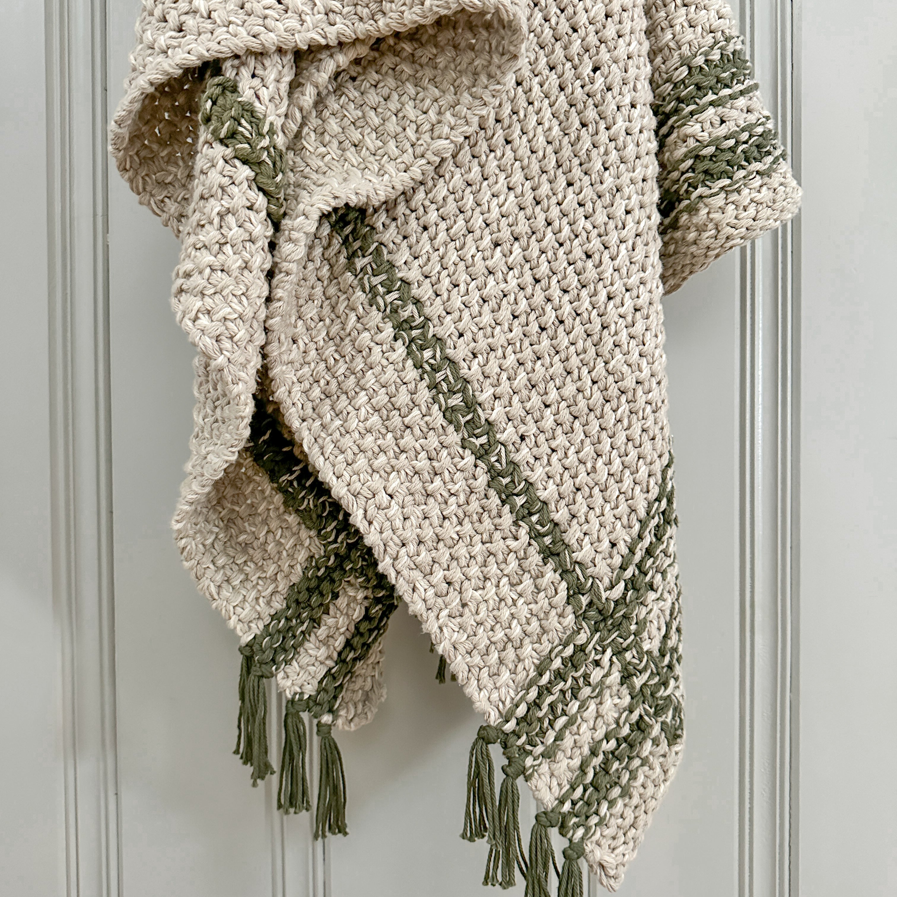 Chunky Oatmeal And Moss Stripe Cotton Throw With Moss Tassels