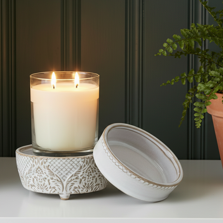 Ceramic candle warmer featuring a damask pattern.  The candle warmer can be used to warm a glass candle or use the included tray to warm up wax melts.