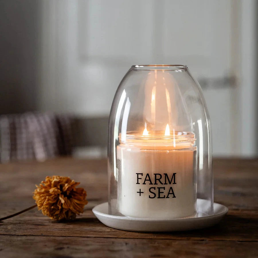 Glass candle from Farm and Sea in the fir tree scent.