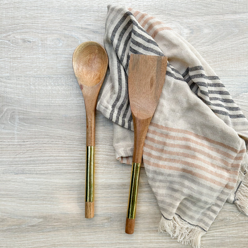 Brass Handled Wood Utensil Set