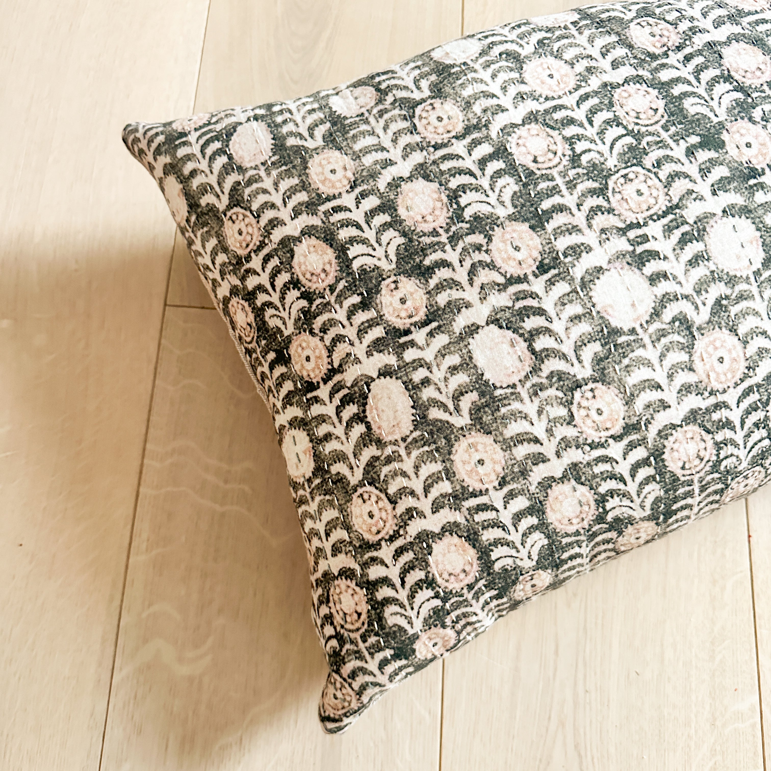 Peachy Floral Kantha Quilted Lumbar Pillow Close Up