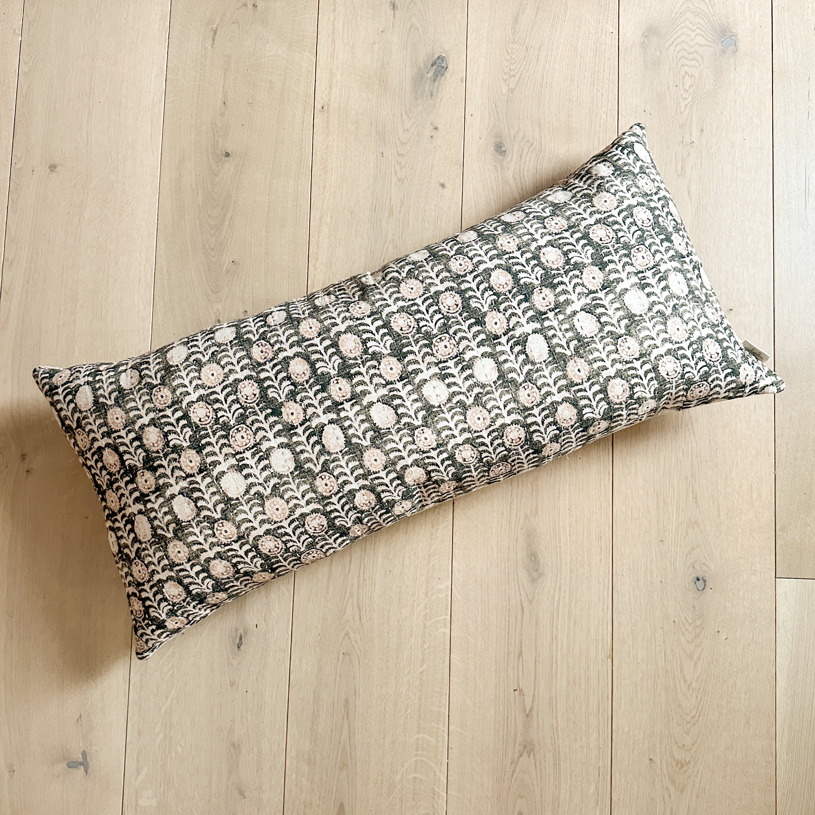 Peachy Floral Kantha Quilted Lumbar Pillow