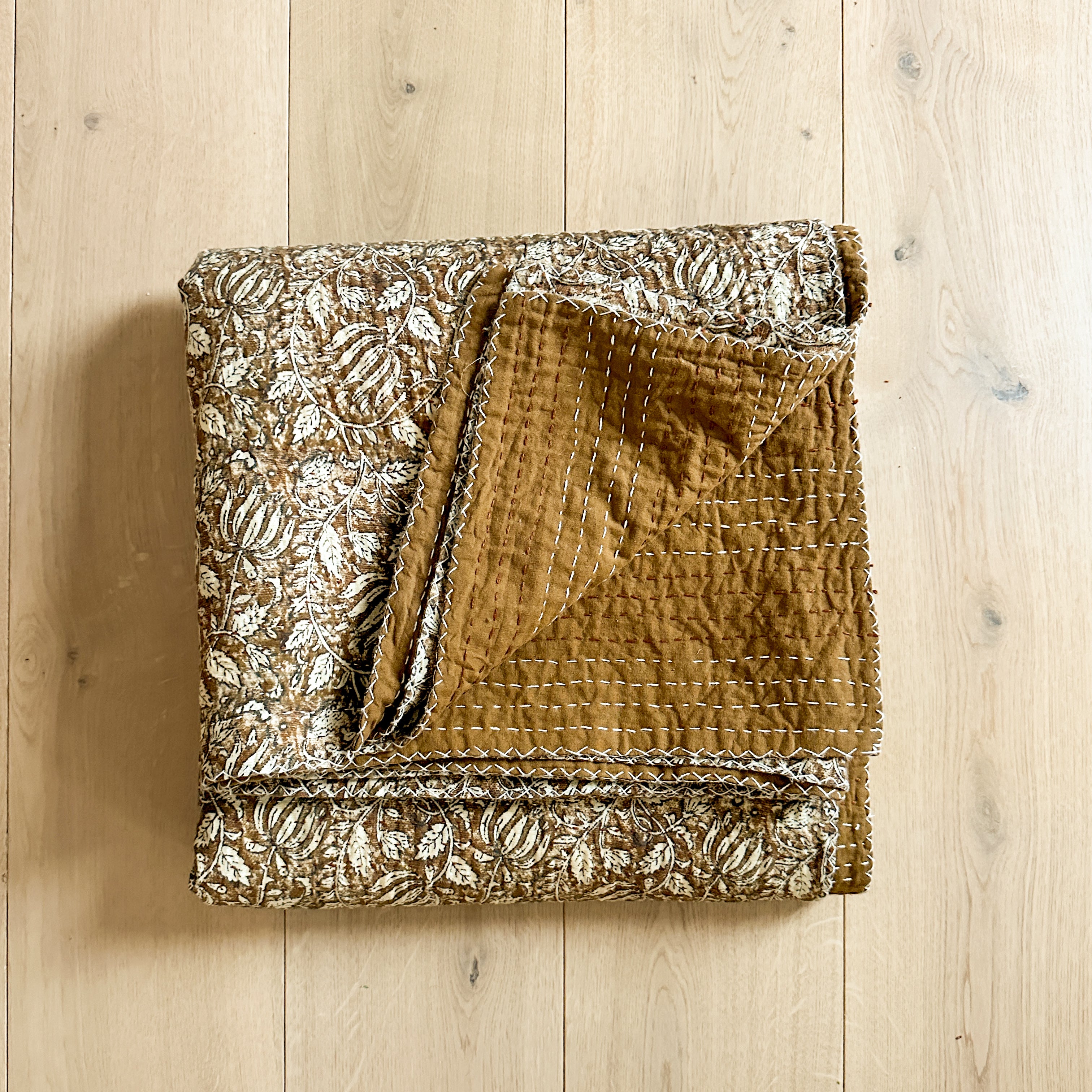 Ochre Floral Kantha Quilt Throw Blanket