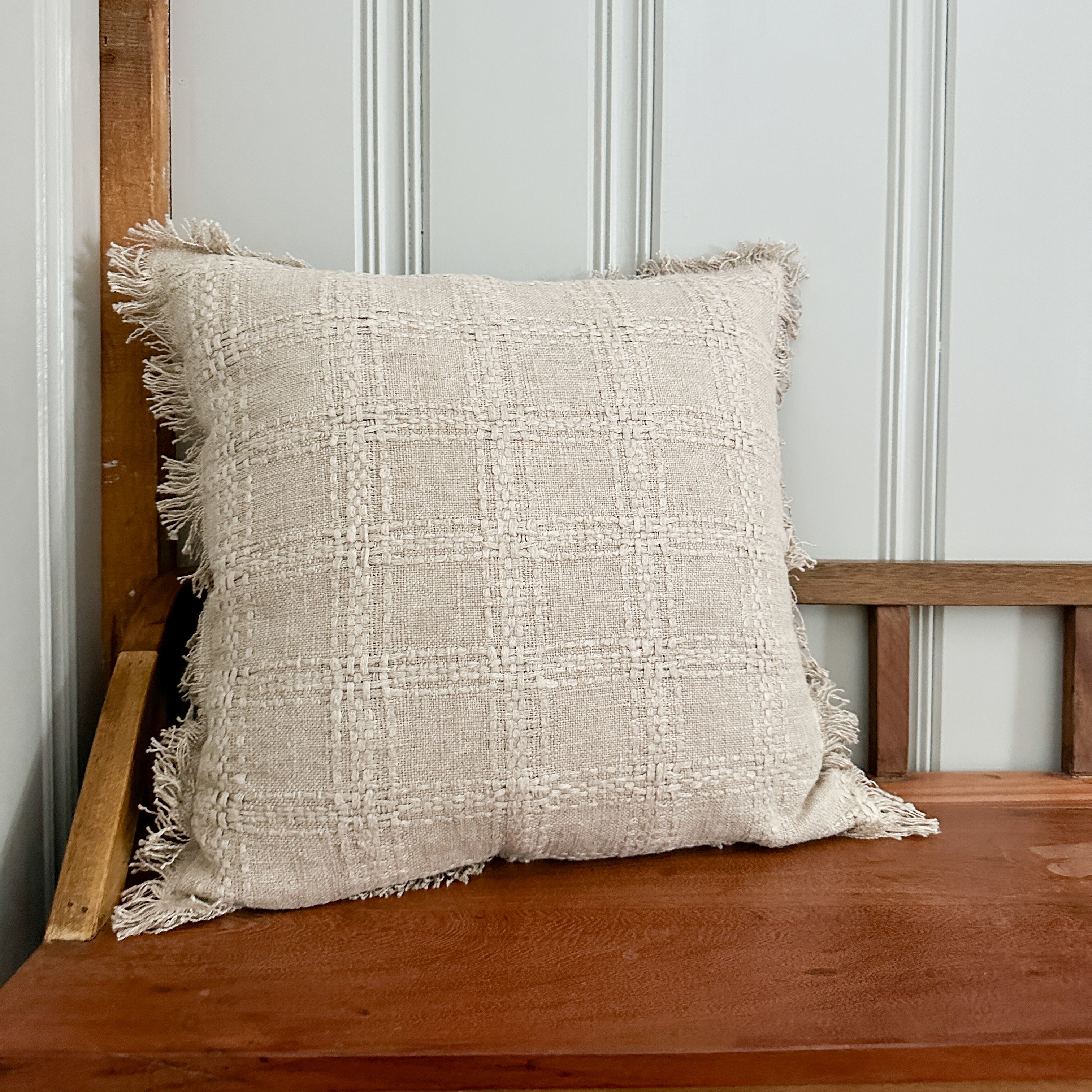 Natural Grid Pillow With Fringe Trim