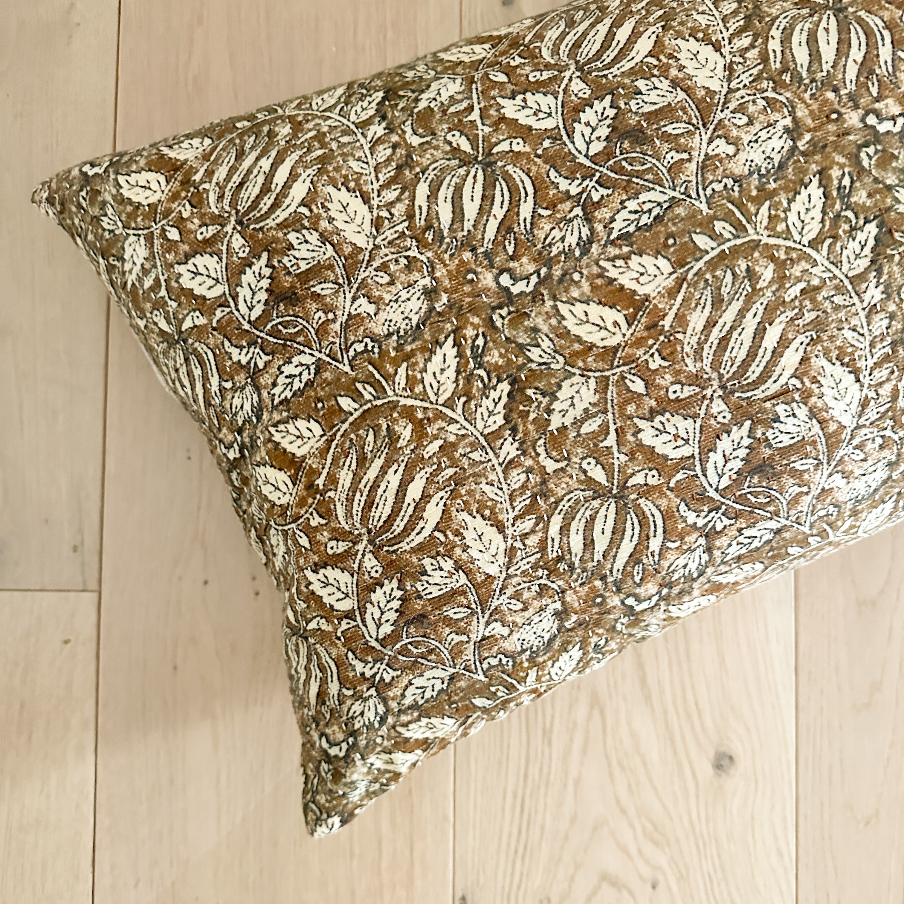 Ochre Floral Kantha Quilted Lumbar Pillow Close Up