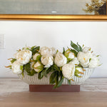Footed Ceramic Oval Bowl Filled With Faux White Peonies