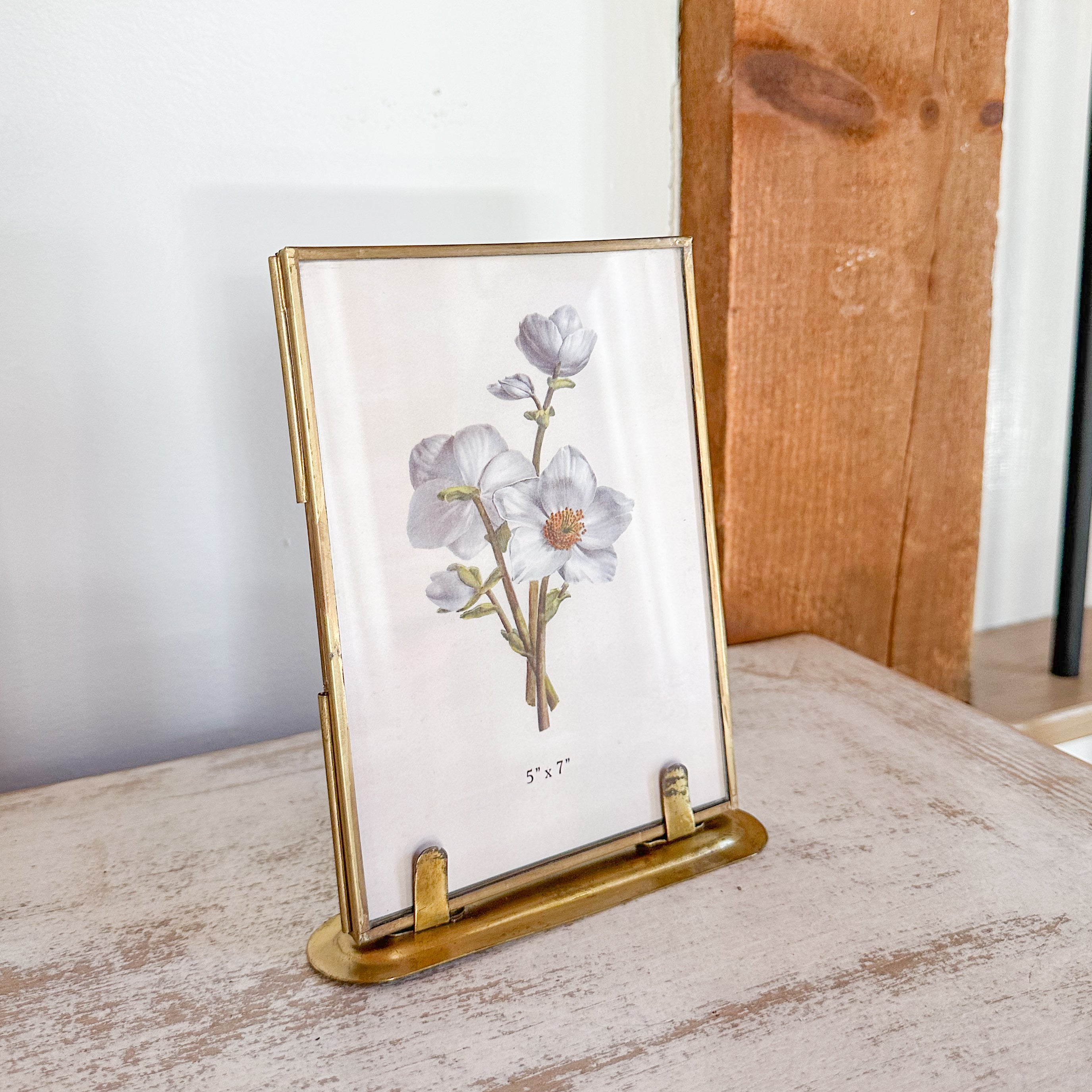 5" x 7" Brass and Glass Vertical Picture Frame With Stand