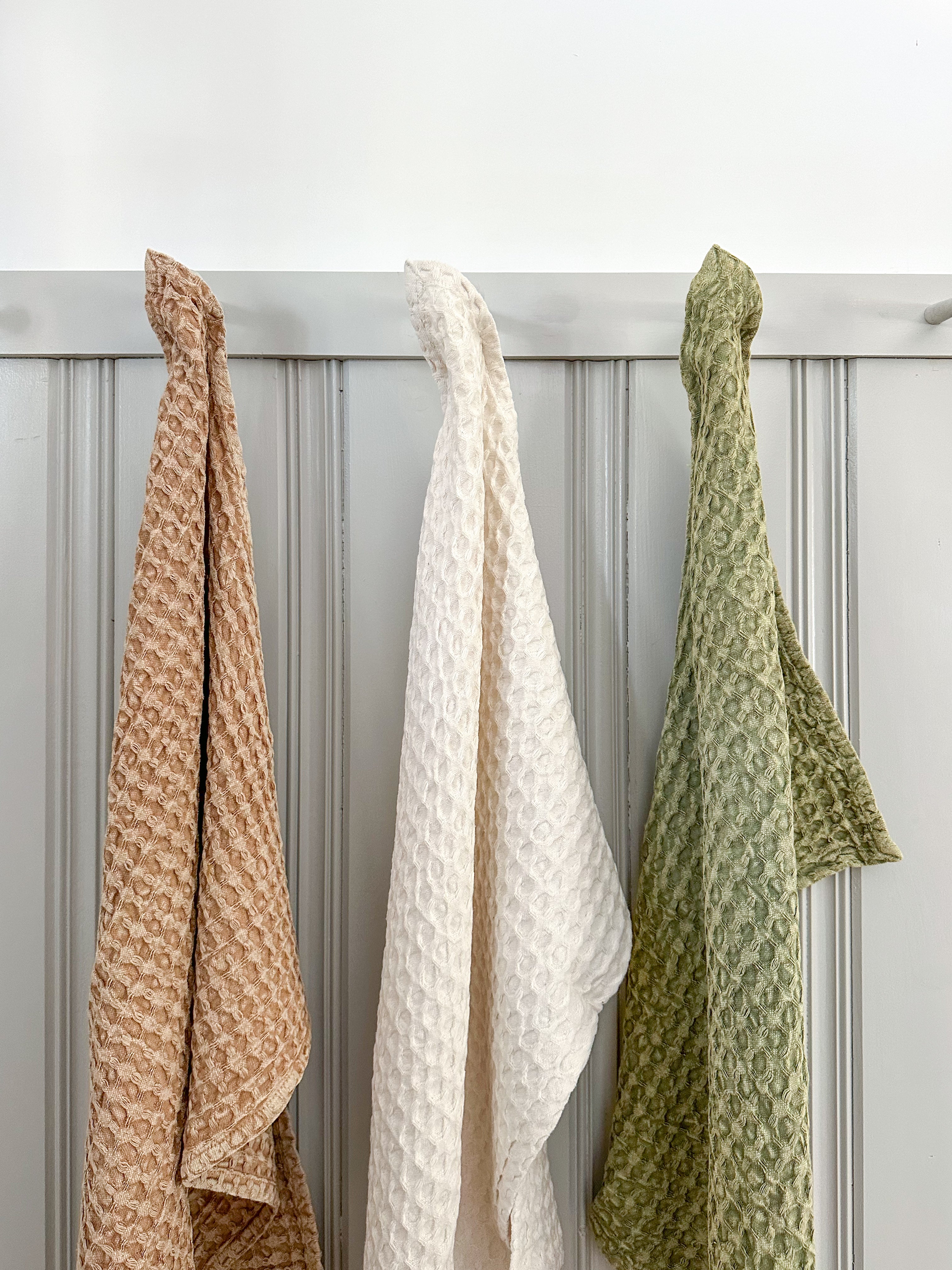 Stonewashed Waffle Tea Towels Honey Ecru Moss