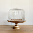 Fluted Glass Cloche And Wooden Pedestal Cake Stand