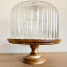 Fluted Glass Cloche And Wooden Pedestal Cake Stand