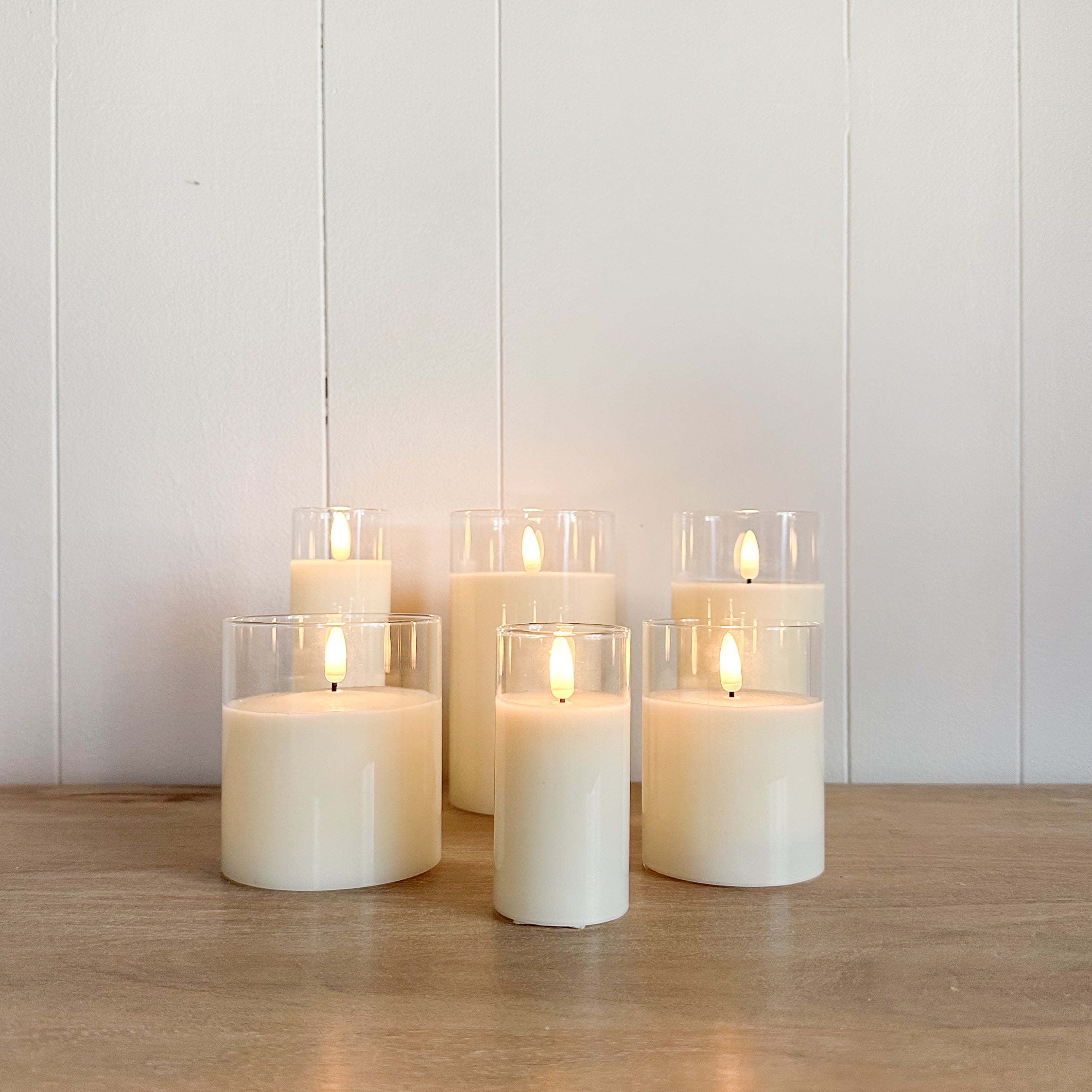 Flameless Clear Glass Ivory Pillar Multiple Sizes