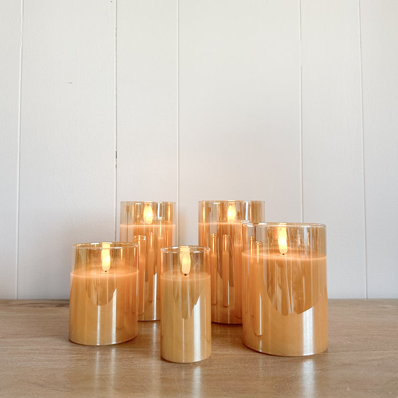 Flameless Gold Glass Ivory Pillar Multiple Sizes