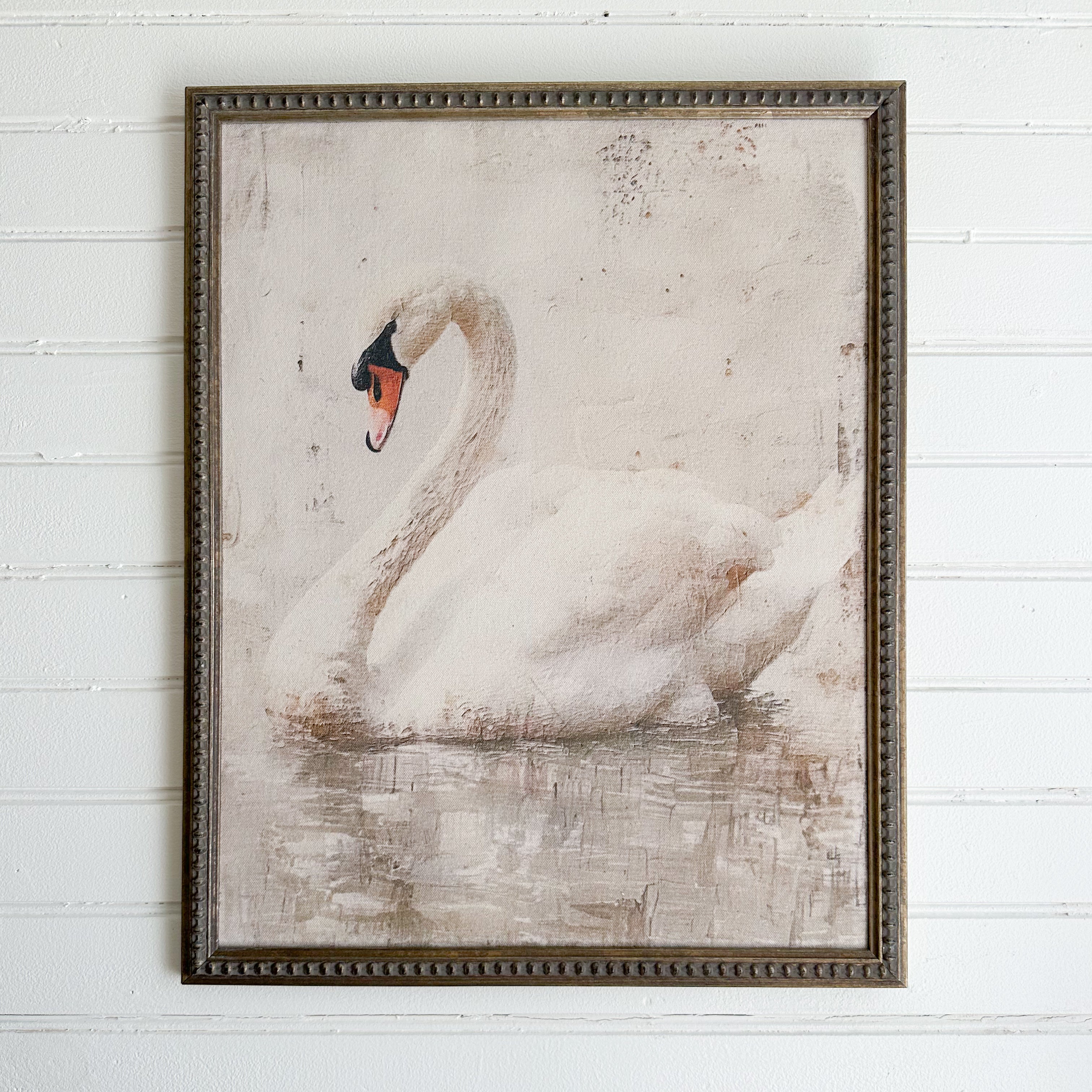 Swan Canvas Antique Silver Beaded Frame