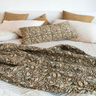 Ochre Floral Kantha Quilt Bed Blanket And Ochre Floral Kantha Lumbar Pillow