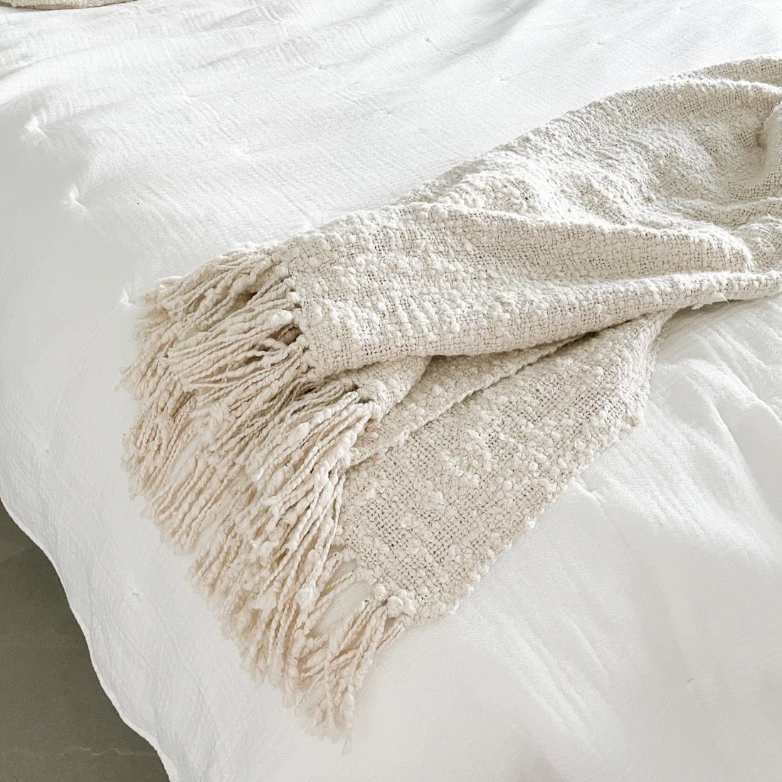 Cotton Ivory Throw With Fringe