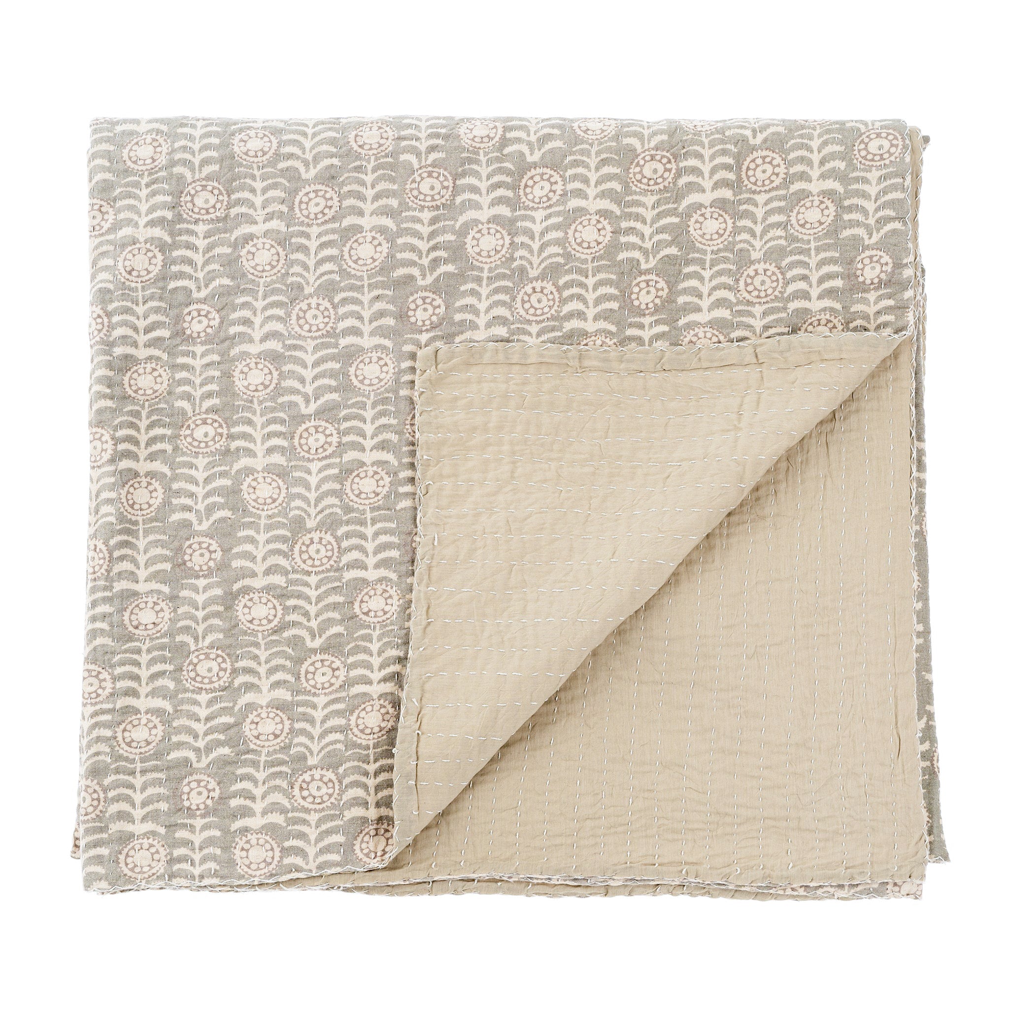 Sage Floral Kantha Bed Blanket
