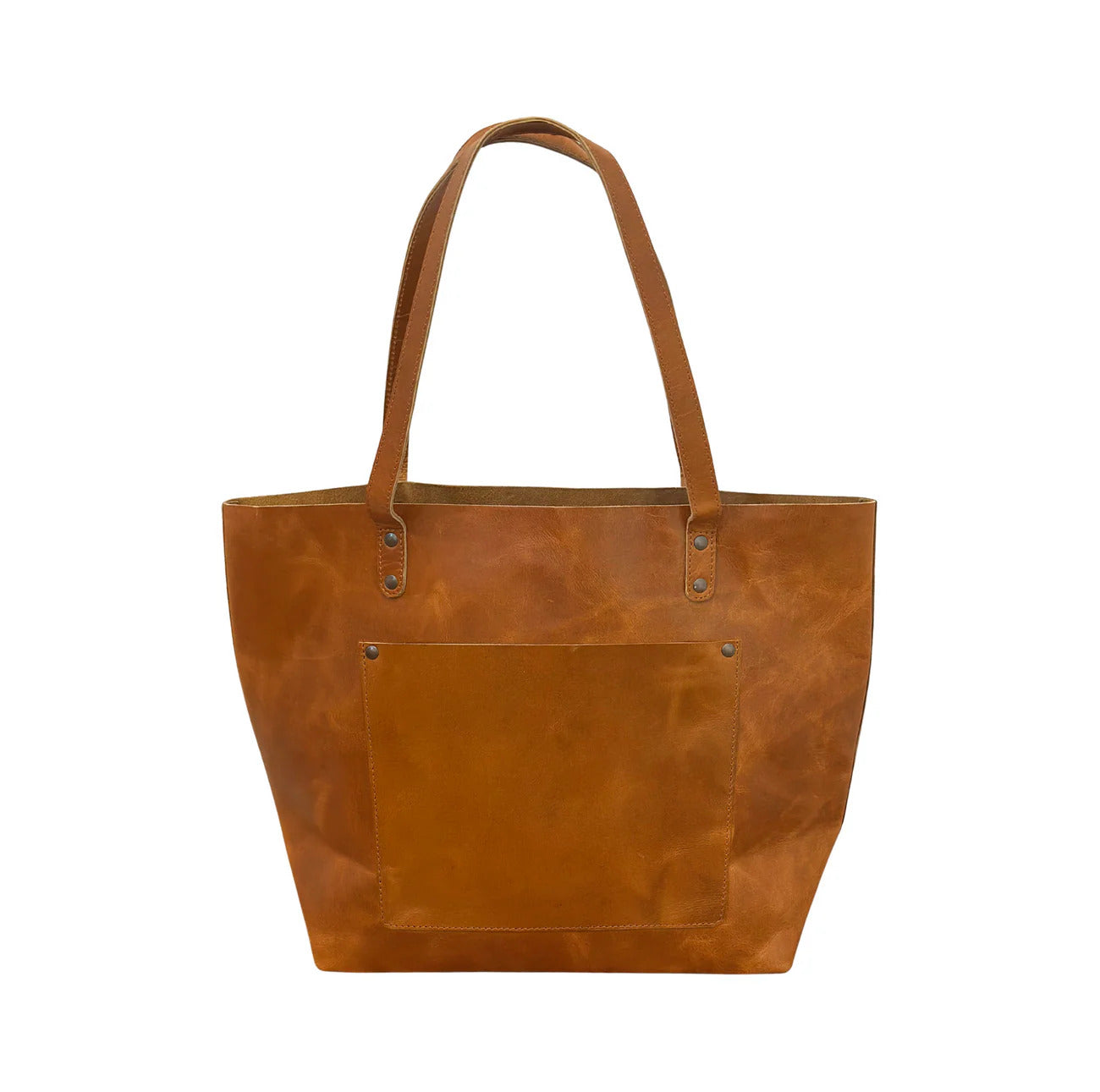 Brown leather tote bag featuring interior and exterior pockets and antique brass hardware.