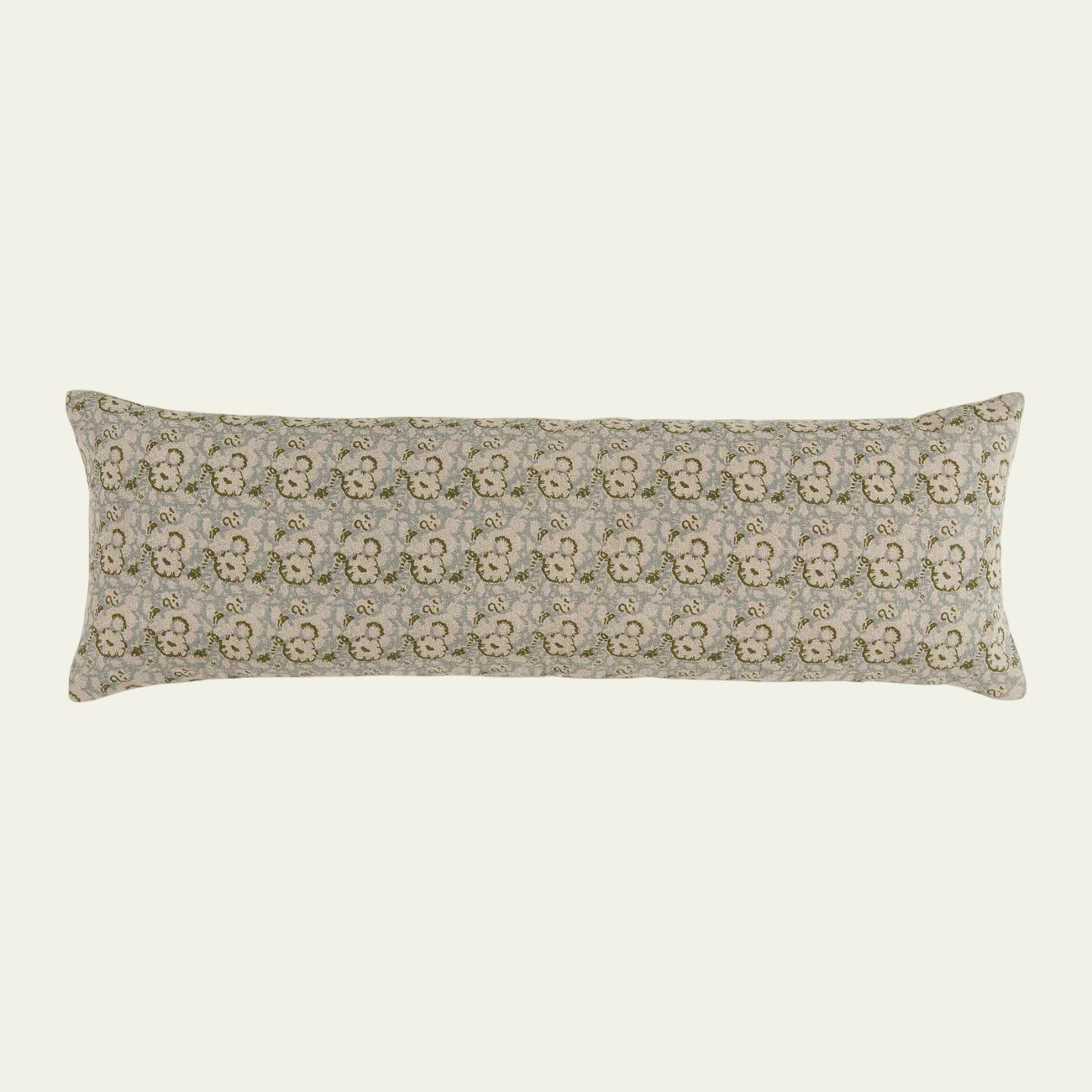 Long rectangular pillow with floral pattern on a white background