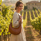 Hobo shaped tan leather bag with antique brass hardware.