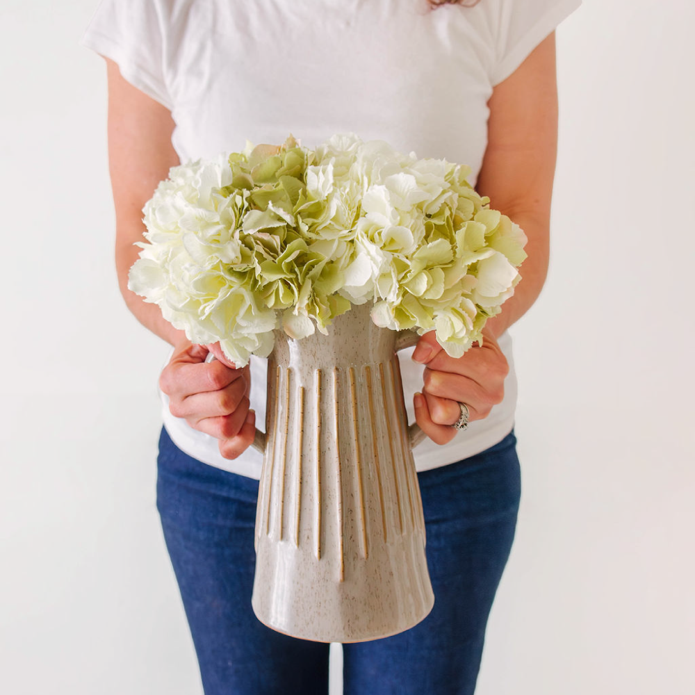 Faux Cream Hydrangea Bundle In Stoneware Vase