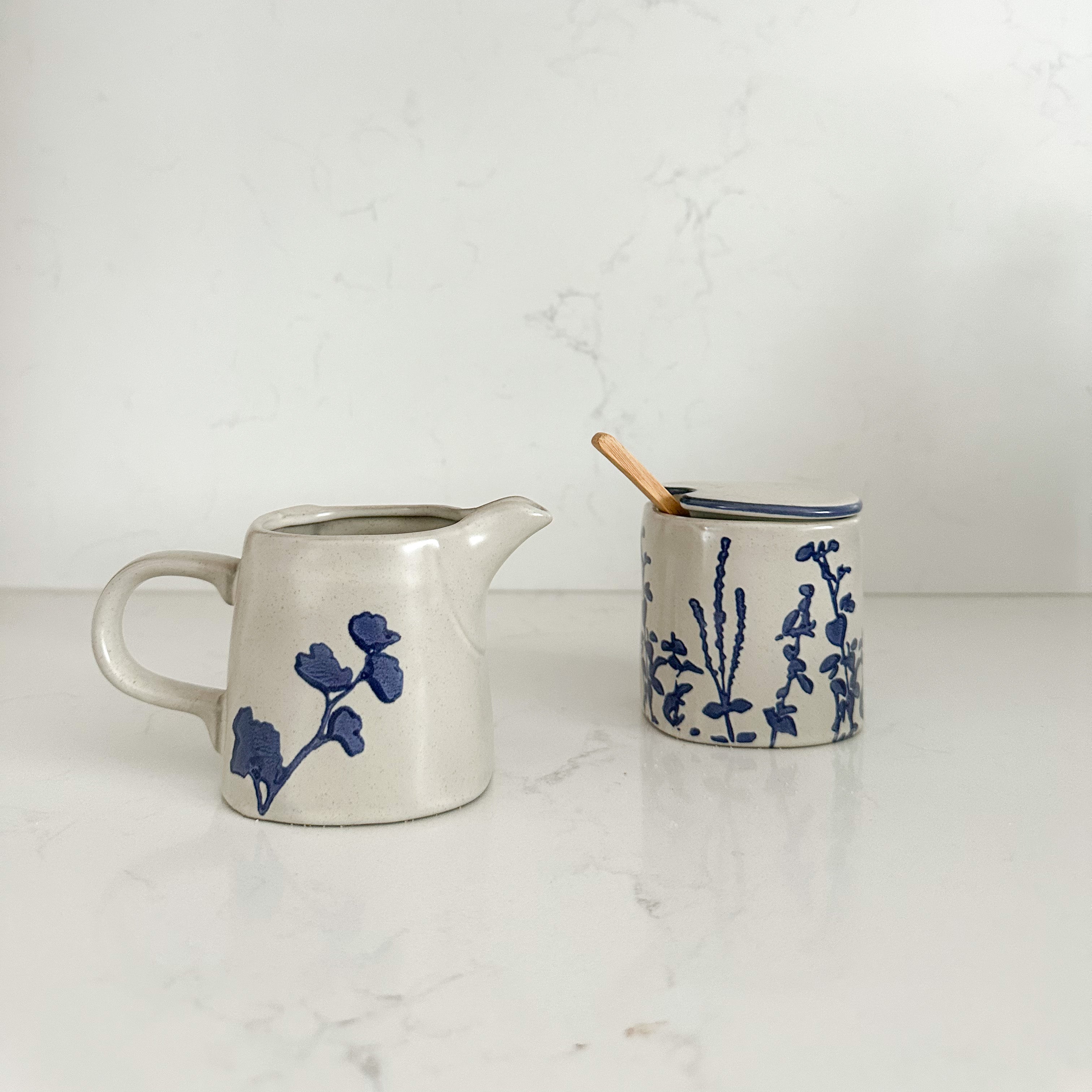 Eloise Blue Botanical Silhouette Sugar and Creamer Set