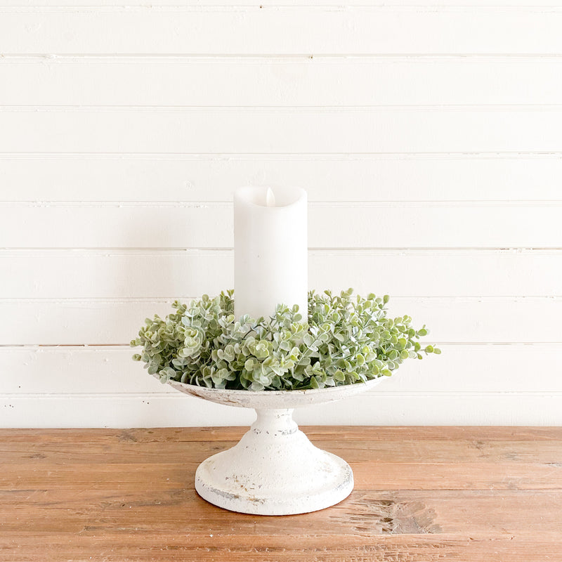 Faux Baby Ivy Mini Wreath Around Flameless White Pillar Candle